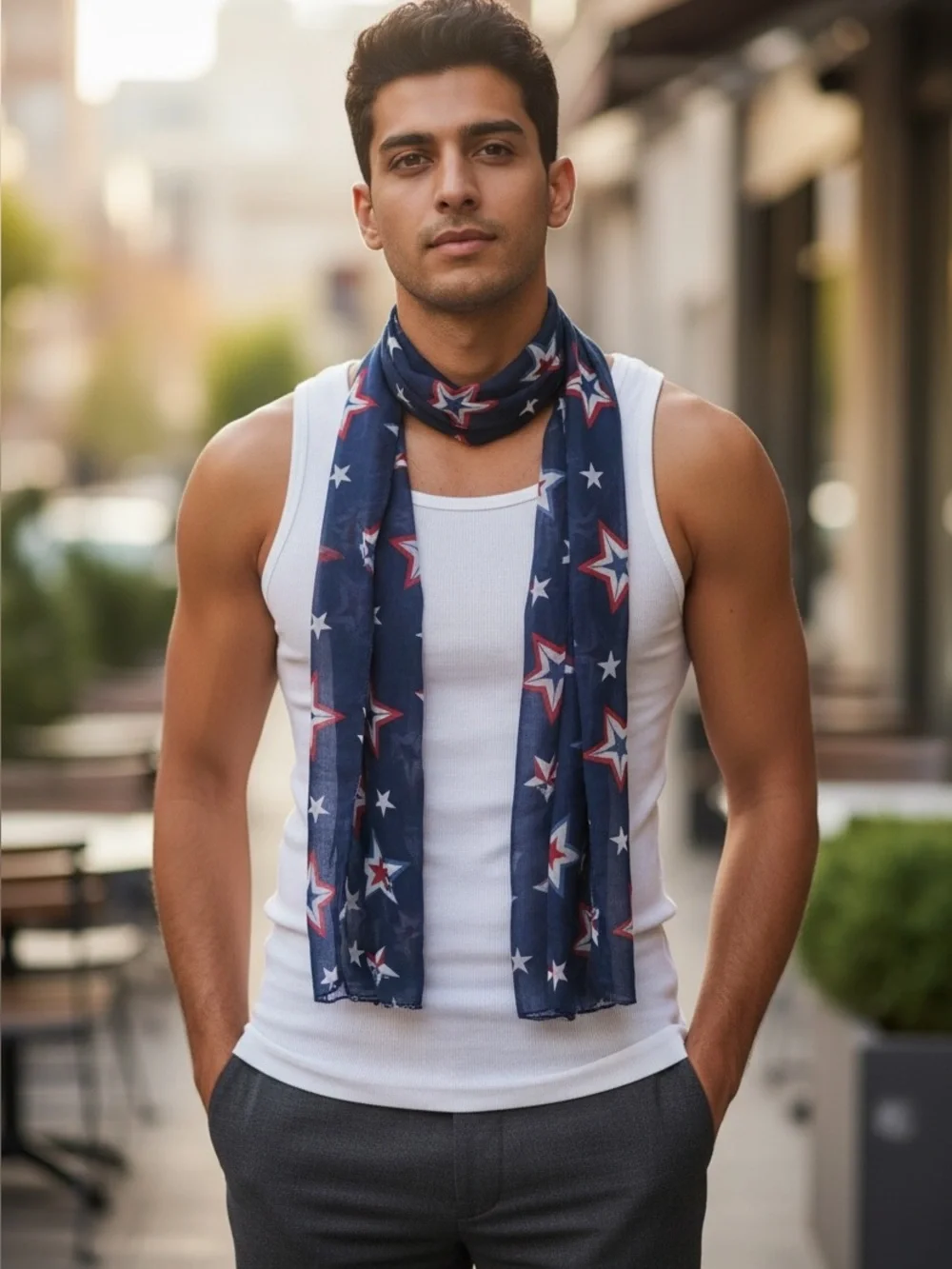 Men’s Navy Star Print Scarf 4thofJuly Independence Day Patriotic Lightweight USA